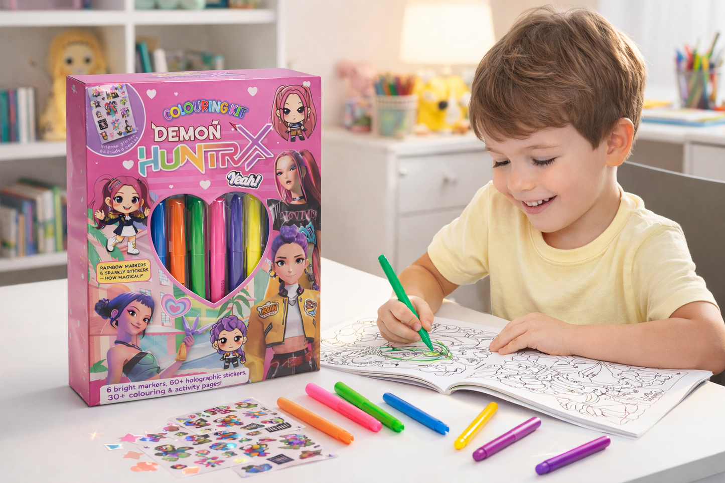 K POP Demon Hunters Colouring Kit for Kids – 6 Color Markers, 60+ Holographic Stickers, 30+ Activity Pages | Creative Art & Craft Gift Set
