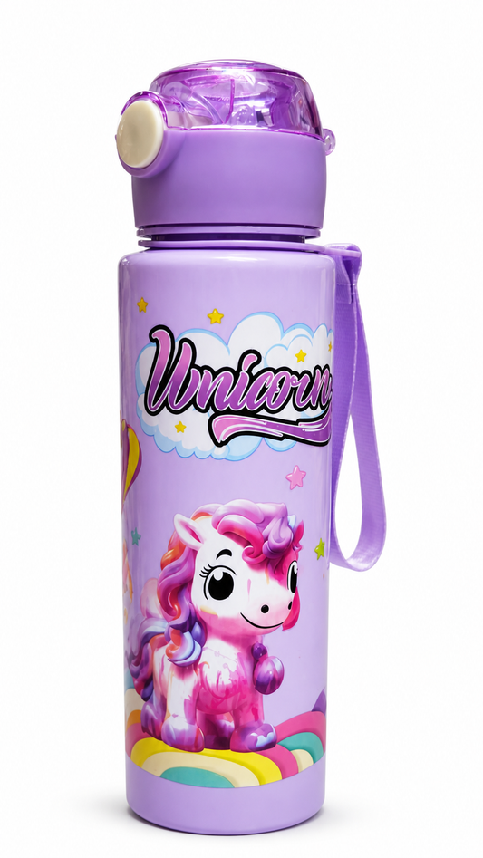 Unicorn Printed Water Bottle for Kids 1 Pc, Leakproof Flip Cap, BPA Free Plastic, Built-in Straw, Carry Strap, School Bottle for Kids Boys & Girls (500ml Approx)