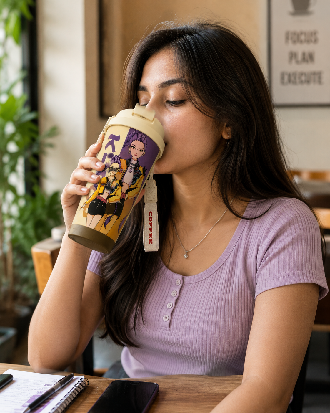 K-Pop Demon Hunters Printed Compact Tumbler with Flip-Top Lid & Carry Strap – 19 cm Portable Travel Cup for Hot & Cold Drinks