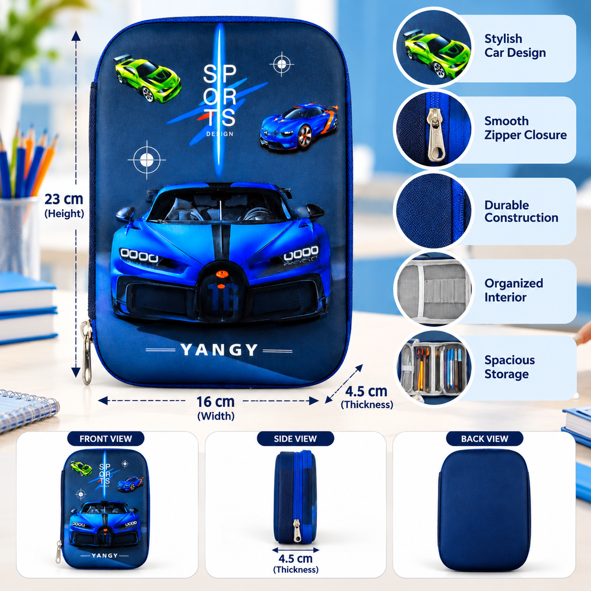YANGY Sports Car Theme Pencil Pouch for Kids – Car Design Pencil Case & Stationery Organizer | 23 × 16 × 4.5 CM