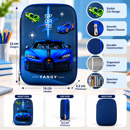 YANGY Sports Car Theme Pencil Pouch for Kids – Car Design Pencil Case & Stationery Organizer | 23 × 16 × 4.5 CM