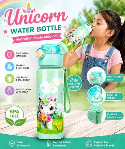 Unicorn Printed Water Bottle for Kids 1 Pc, Leakproof Flip Cap, BPA Free Plastic, Built-in Straw, Carry Strap, School Bottle for Kids Boys & Girls (500ml Approx)