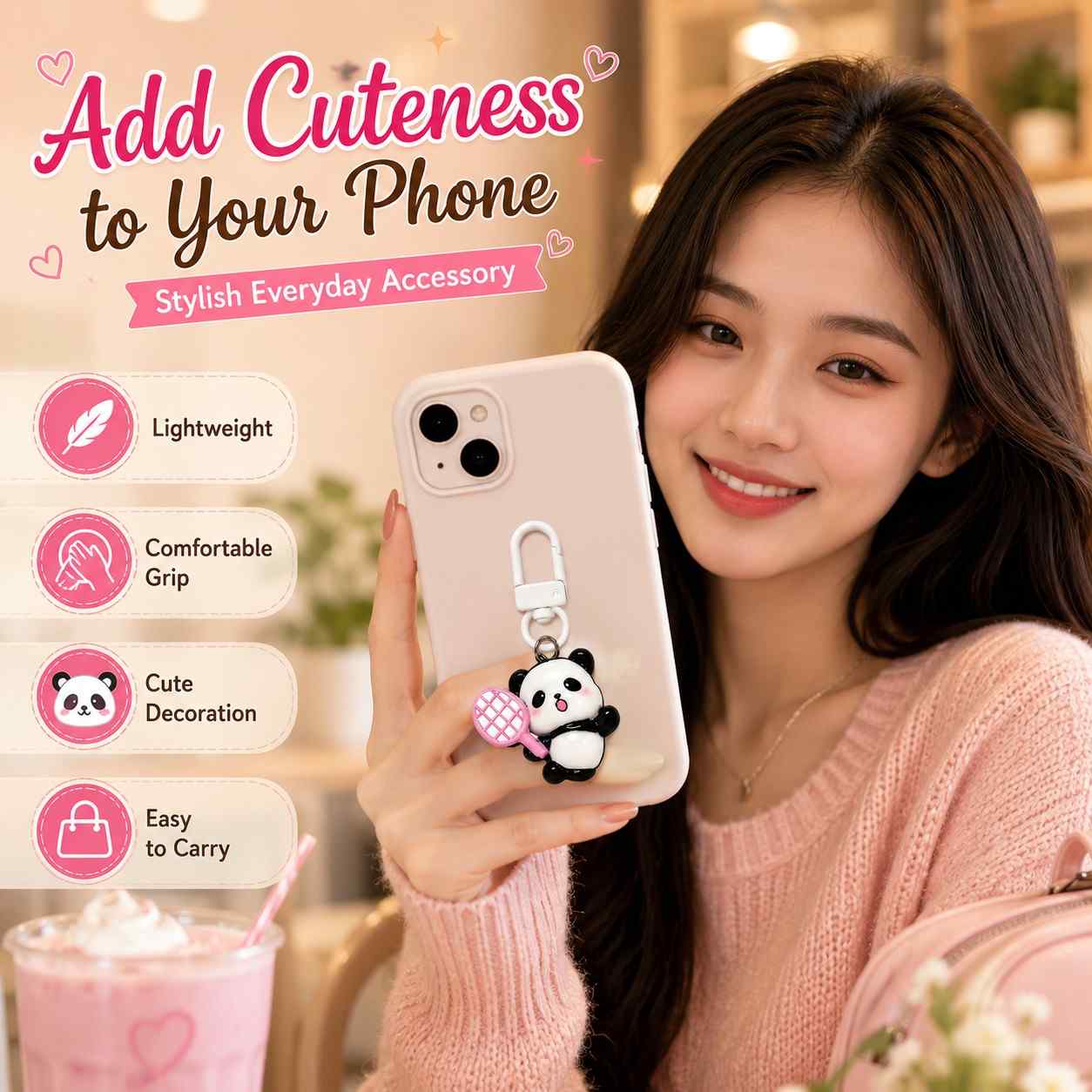 Cute Panda Phone Charm Keychain Set of 6 | Kawaii Mobile Phone Charms for Girls