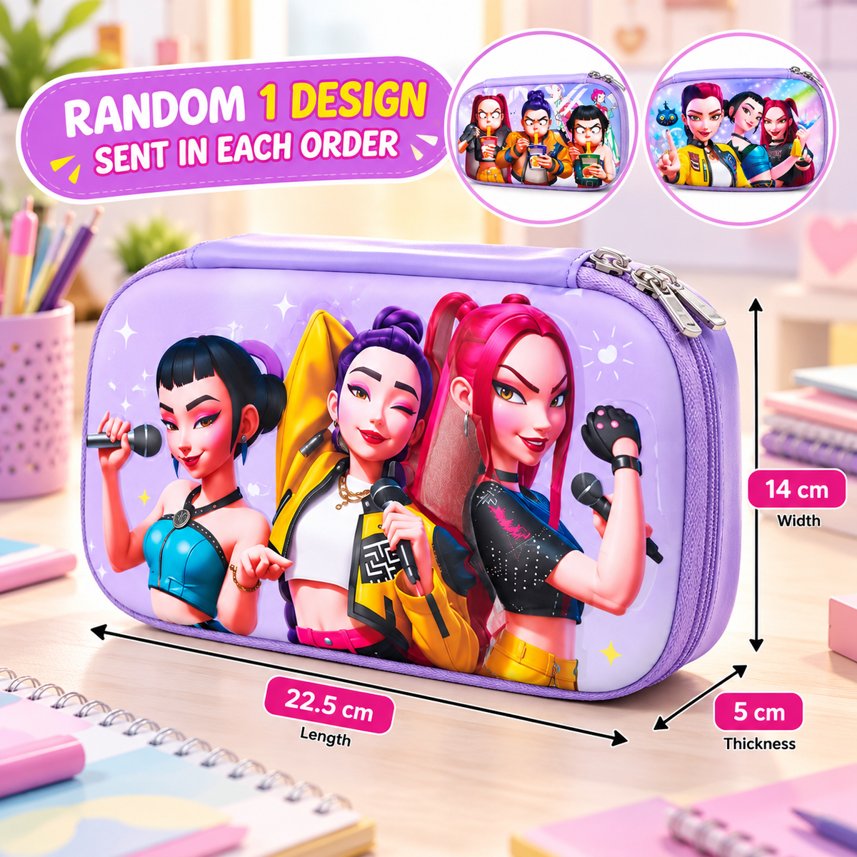 K POP Demon Hunters Pencil Pouch for Kids & Girls | Large Capacity Pencil Case with Double Zipper, Mesh Pocket & Pen Loops | 22.5 × 14 × 5 cm (Random 1 Pc)