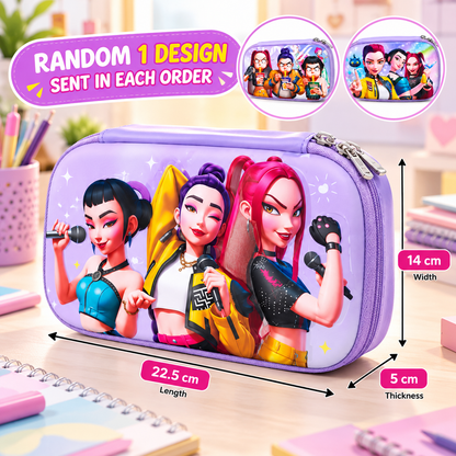K POP Demon Hunters Pencil Pouch for Kids & Girls | Large Capacity Pencil Case with Double Zipper, Mesh Pocket & Pen Loops | 22.5 × 14 × 5 cm (Random 1 Pc)
