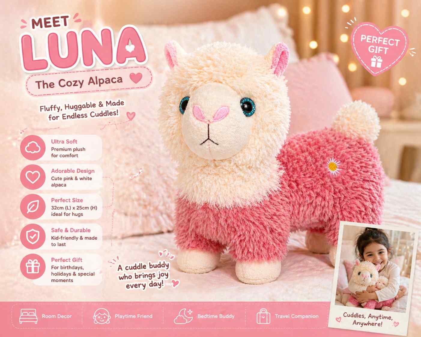Luna the Cozy Alpaca Plush Toy (32cm) – Ultra Soft Cute Pink Llama Stuffed Animal for Kids, Gifts & Room Decor
