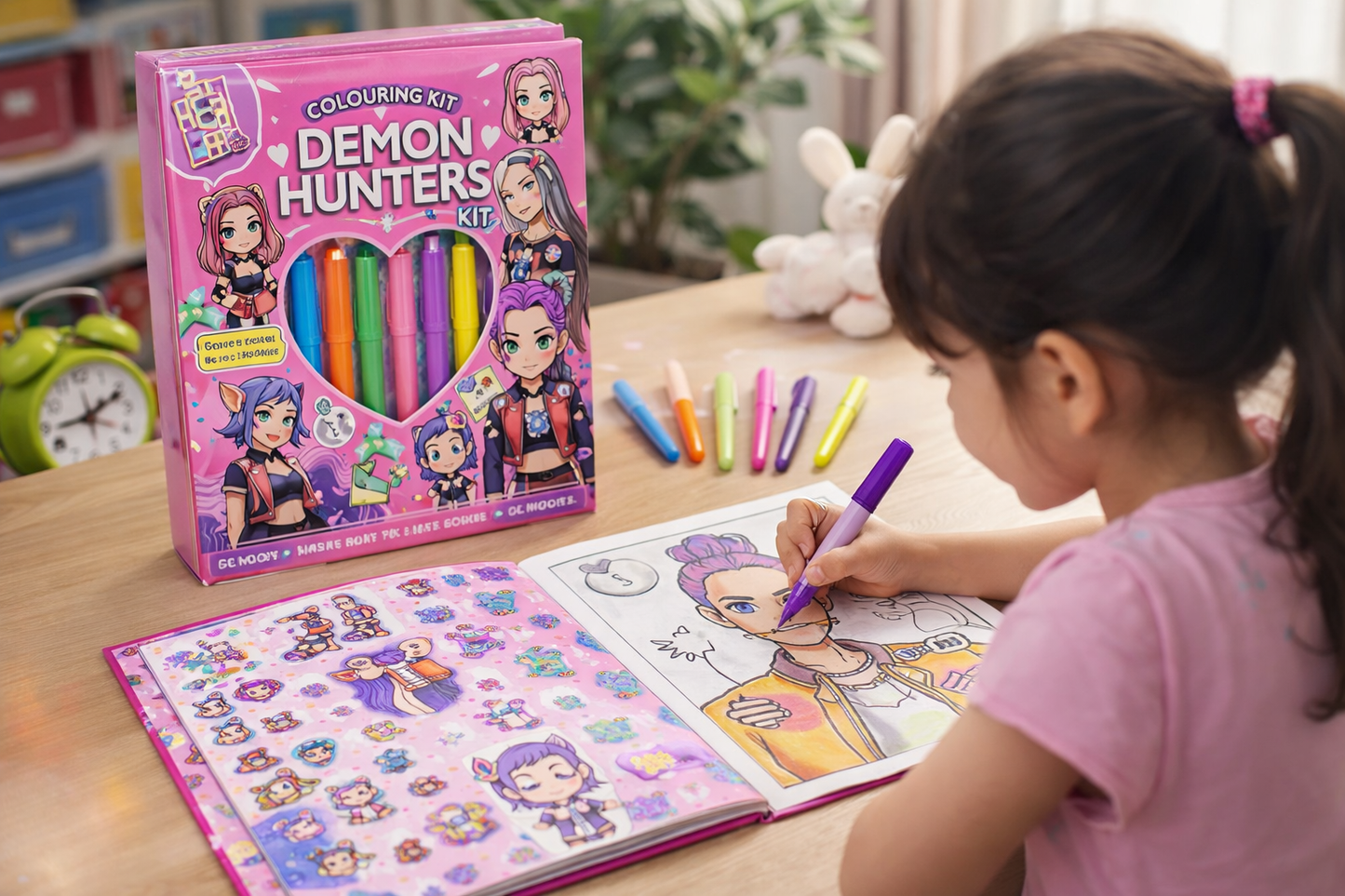 K POP Demon Hunters Colouring Kit for Kids – 6 Color Markers, 60+ Holographic Stickers, 30+ Activity Pages | Creative Art & Craft Gift Set