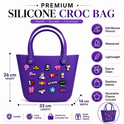Silicone Croc Tote Bag with Decorative Charms for Girls & Women | Waterproof Lightweight Shoulder Handbag | 33 × 26 × 16 cm | Purple | Large