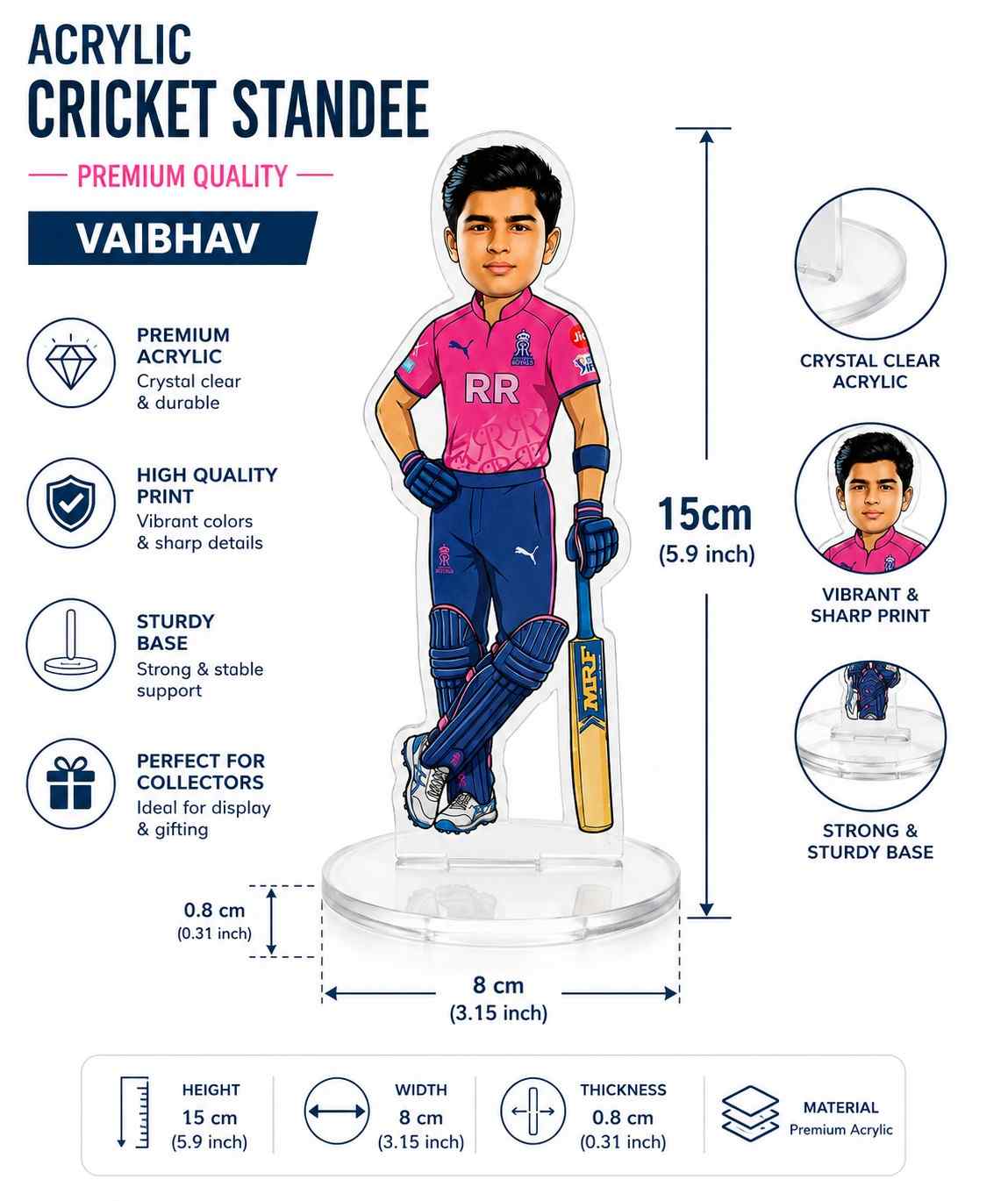 Vaibhav Suryavanshi Rajasthan Royals Acrylic Cricket Standee 15cm | Premium RR Fan Collectible Desk Decor Gift