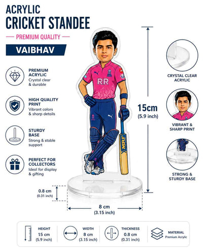 Vaibhav Suryavanshi Rajasthan Royals Acrylic Cricket Standee 15cm | Premium RR Fan Collectible Desk Decor Gift