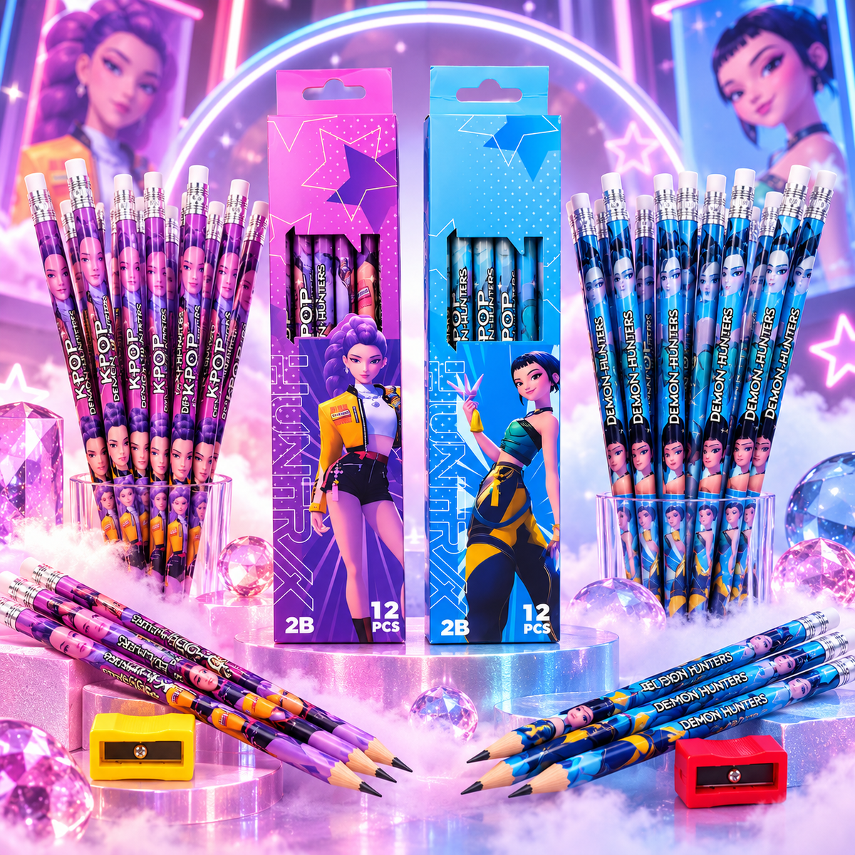 K POP 2B Pencil Set – 24 Pencils with 2 Boxes, 2 Sharpeners & Erasers