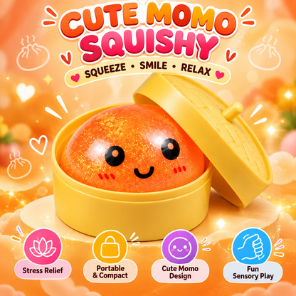 Momos Theme Squishy Toy – Cute Glittery Soft Squeeze & Sensory Fidget Toy with Yellow Steamer Box, Random Colour
