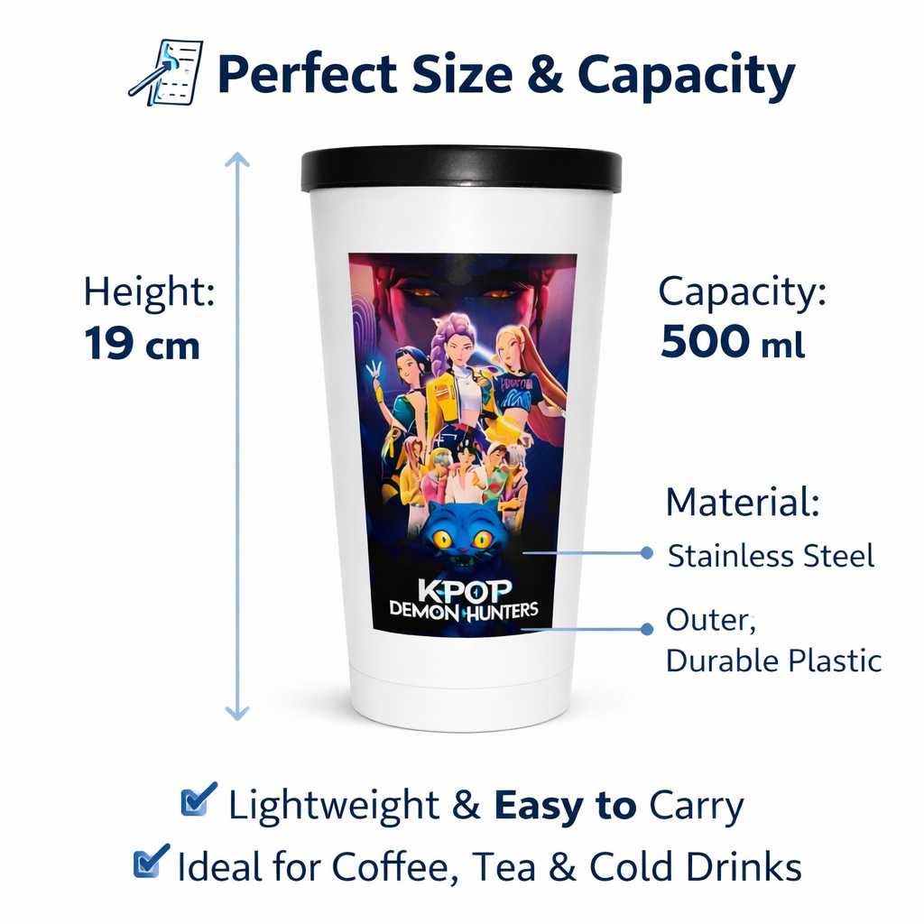 Demon Hunter Printed Tumbler with Leakproof Lid | Inner Stainless Steel Travel Mug | Durable Plastic Body | Demon Hunter Design Cup for Coffee, Tea & Cold Drinks 500ml