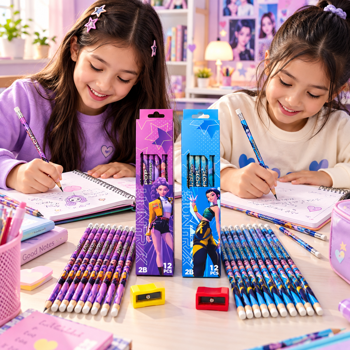 K POP 2B Pencil Set – 24 Pencils with 2 Boxes, 2 Sharpeners & Erasers