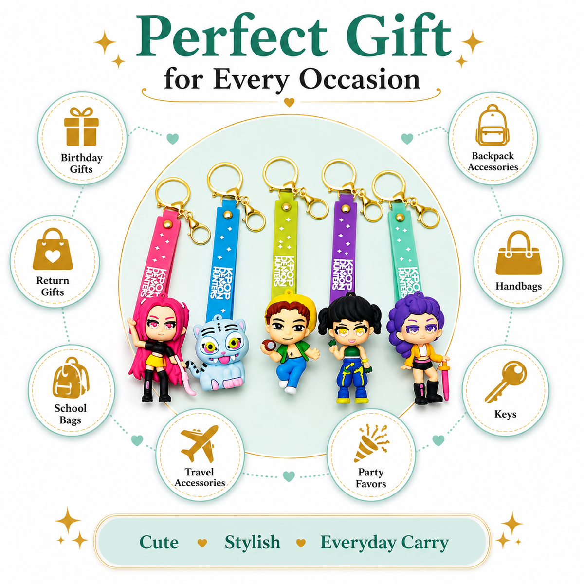 K POP Demon Hunters Key Chain Set of 4 Demon Character Keychains – Rumi, Mira, Zoey & Luna | Cute Anime Key Ring for Girls | Rubber Pendant Bag Charm | Stylish Gift for Kids & Women Random charactors