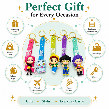 K POP Demon Hunters Key Chain Set of 4 Demon Character Keychains – Rumi, Mira, Zoey & Luna | Cute Anime Key Ring for Girls | Rubber Pendant Bag Charm | Stylish Gift for Kids & Women Random charactors