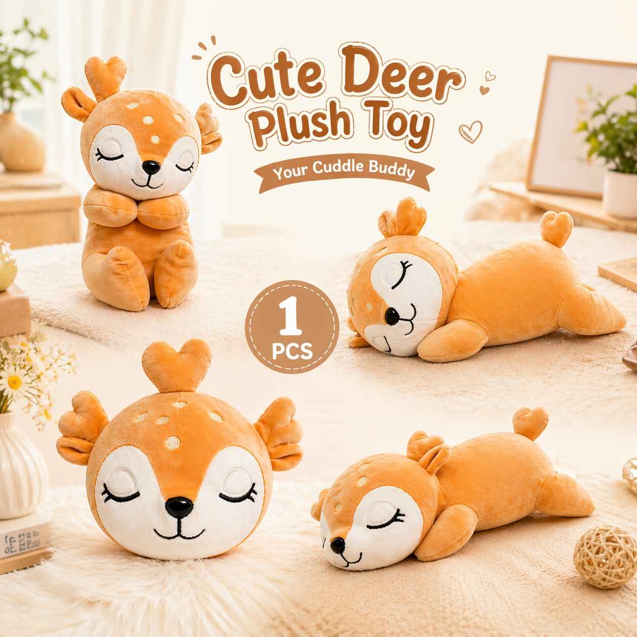 Lumi the Sleepy Deer Plush Toy – Soft Cute Stuffed Animal for Kids, Baby & Gift (28cm Cuddle Buddy)Random 1 pcs