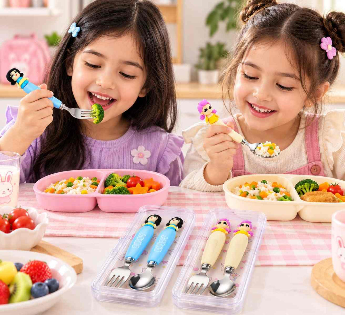 K POP Demon Hunters Spoon & Fork Set for Kids, Girls & Women – Rumi & Meera Character Design, 2 Sets 4 Pieces, Cute Reusable Cutlery with Storage Case