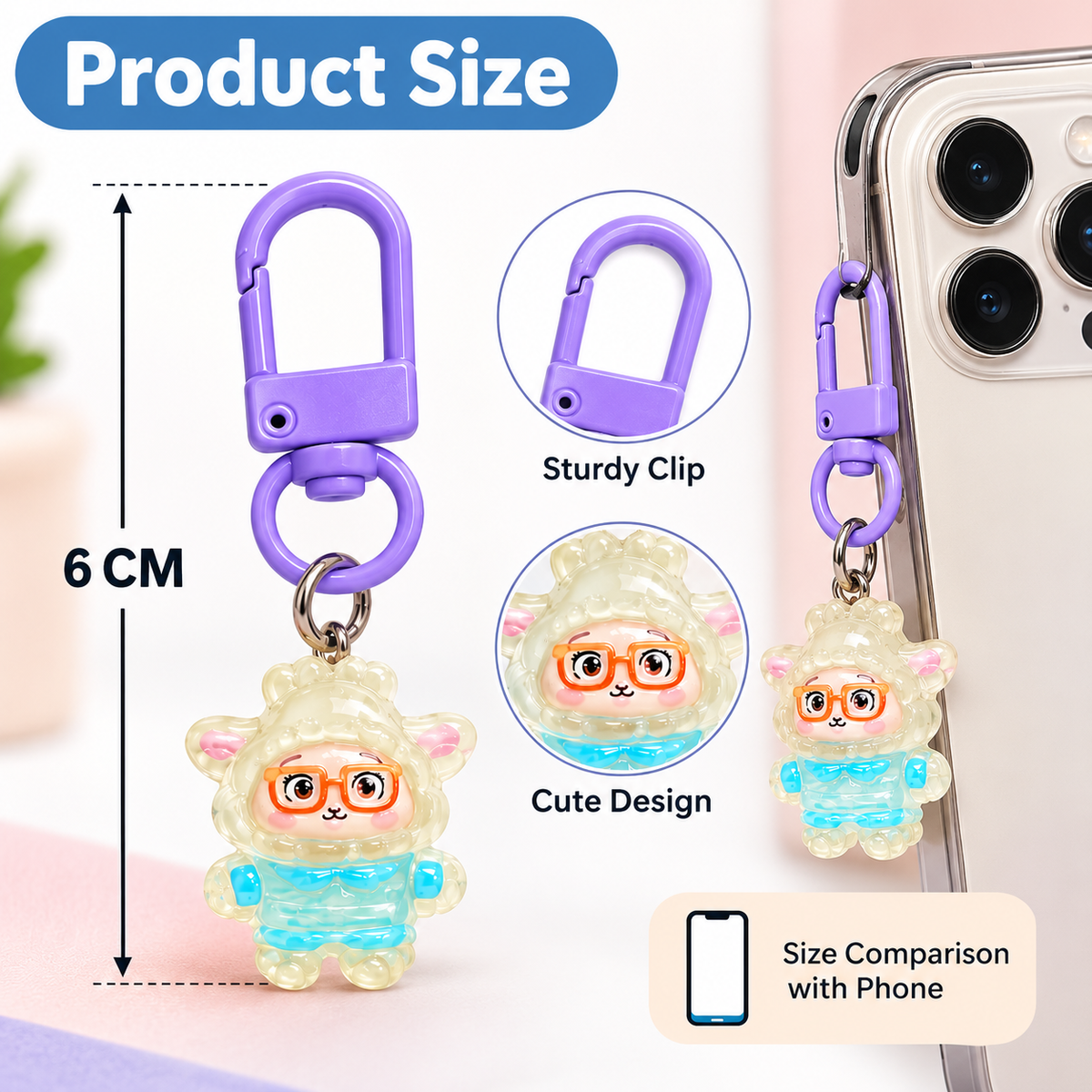 Phone Charms for Girls Set of 4, Cute Random Assorted Designs 6 cm, Colorful Carabiner Keychain Charms for Mobile Phone, Backpack, Handbag & Pouch