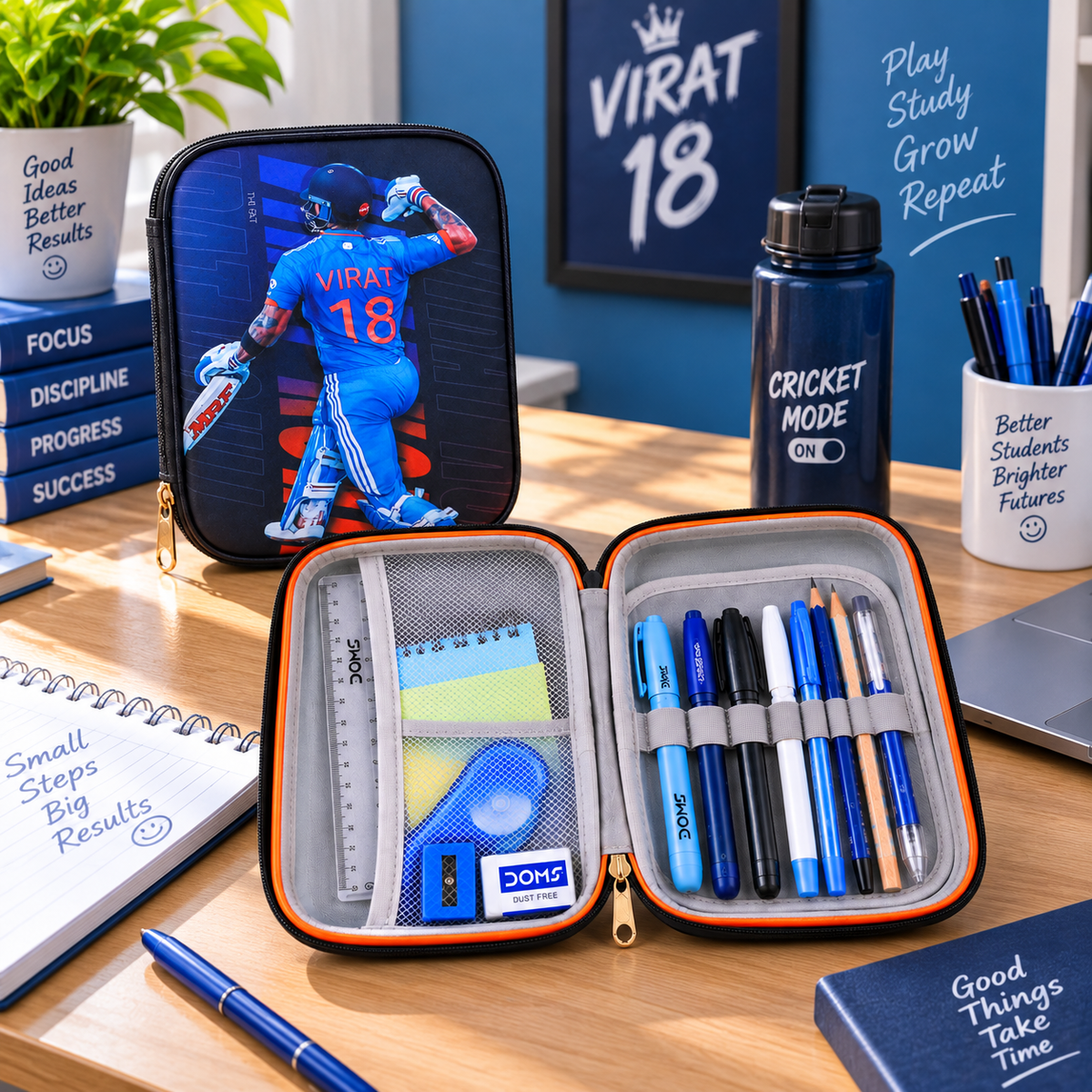 Virat 18 Cricket Pencil Pouch 22 x 15 cm | Pencil Case with Mesh Pocket & Elastic Holders