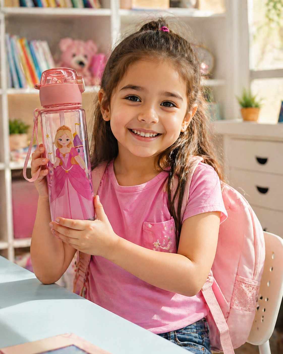 Water Bottle with Straw & Strap – Leak Proof BPA Free Cartoon Princess / Elsa Style Bottle (Random 1 PCS) for School & Trave