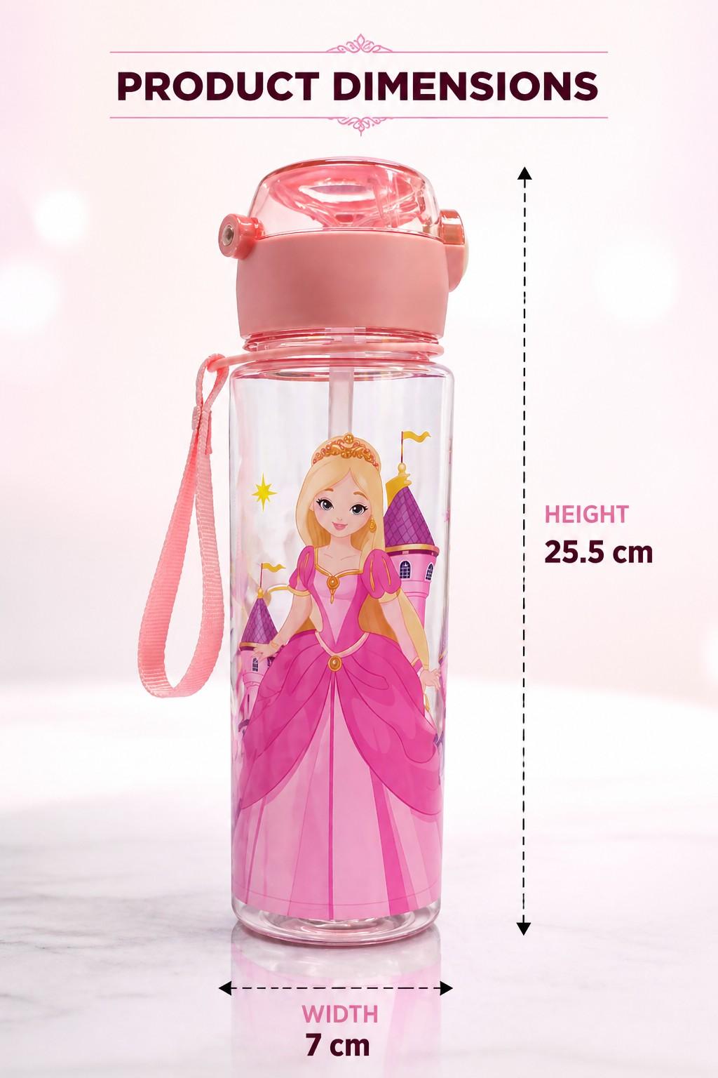 Water Bottle with Straw & Strap – Leak Proof BPA Free Cartoon Princess / Elsa Style Bottle (Random 1 PCS) for School & Trave