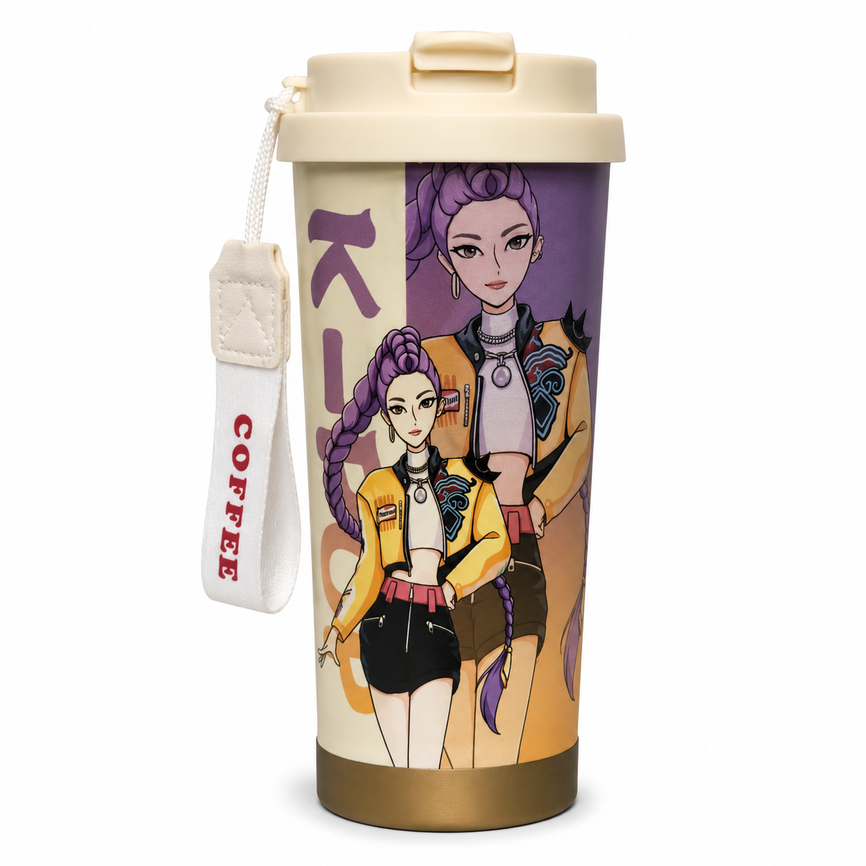 K-Pop Demon Hunters Printed Compact Tumbler with Flip-Top Lid & Carry Strap – 19 cm Portable Travel Cup for Hot & Cold Drinks