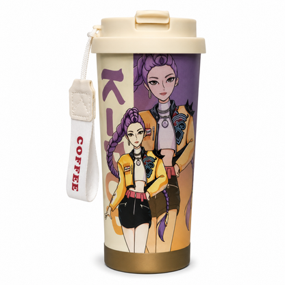 K-Pop Demon Hunters Printed Compact Tumbler with Flip-Top Lid & Carry Strap – 19 cm Portable Travel Cup for Hot & Cold Drinks