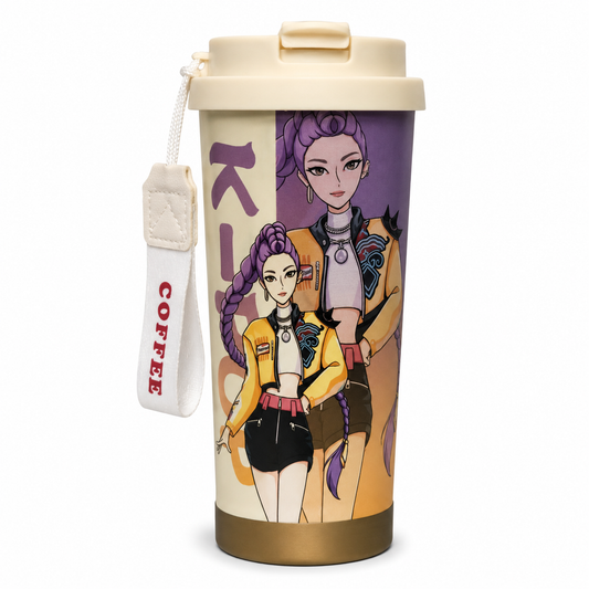K-Pop Demon Hunters Printed Compact Tumbler with Flip-Top Lid & Carry Strap – 19 cm Portable Travel Cup for Hot & Cold Drinks
