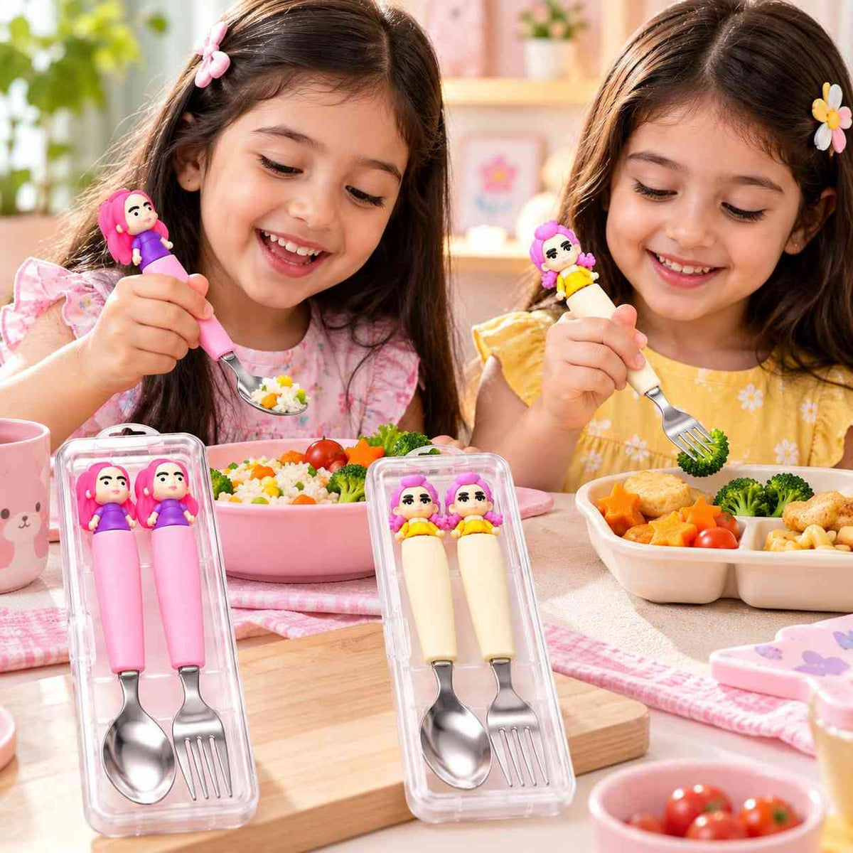 K POP Demon Hunters Spoon & Fork Set for Kids – 2 Sets, 4 Pieces with Cute Character Handles & Stainless Steel Cutlery