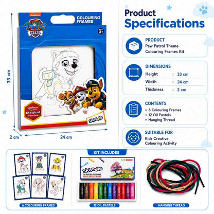 Paw Patrol Theme Colouring Frames Kit with 6 Colouring Frames, 12 Oil Pastels & Hanging Thread | DIY Kids Art & Craft Kit