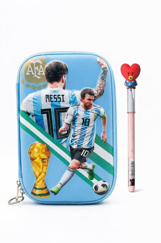Football Legend Style EVA Hard Shell Organizer Pouch with Pen | Large Capacity Stationery & Travel Organizer Case for Kids, Adults & Travelers | 24 × 17 cm (MESSI)
