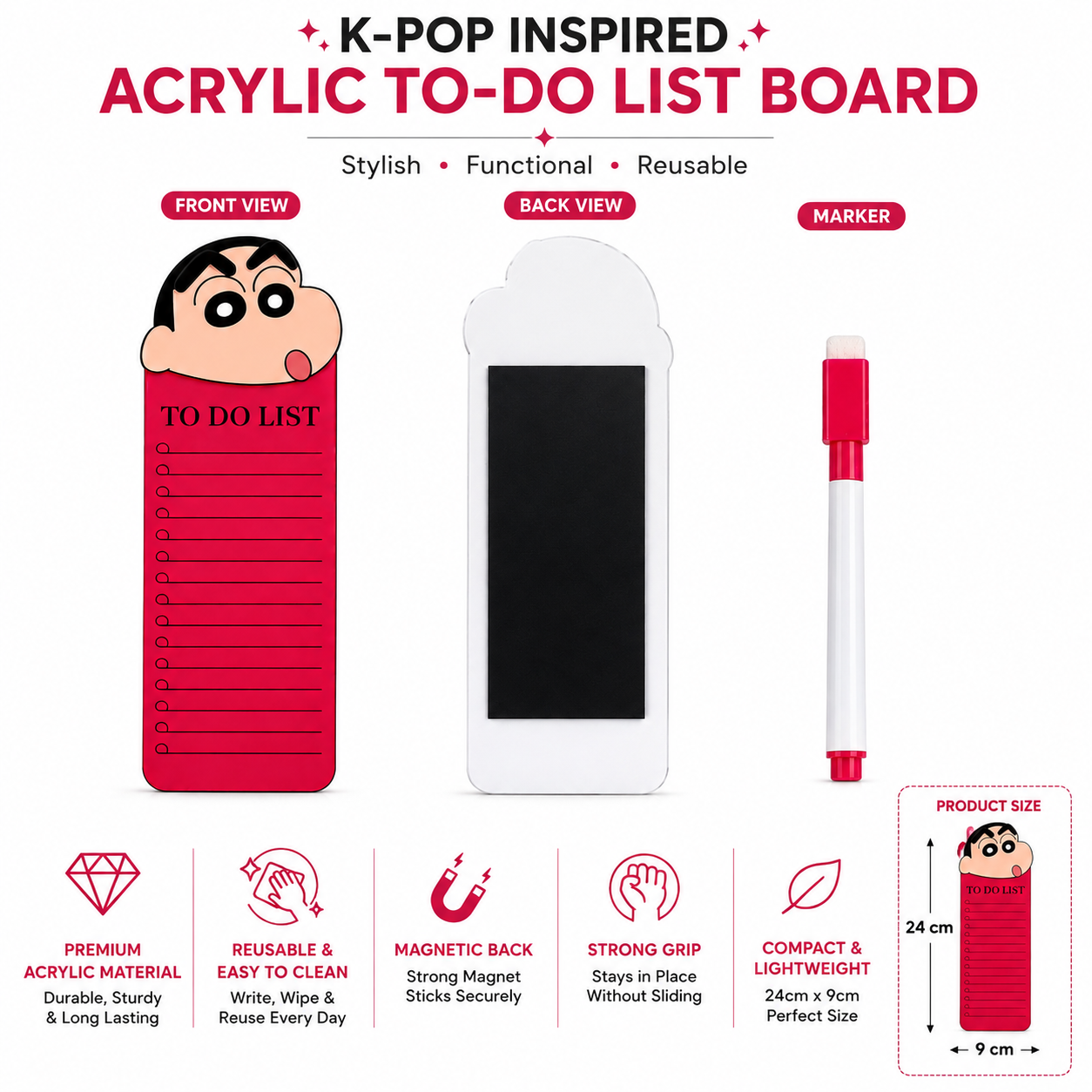 Sinchan to Do List Fridge Magnet with Marker, Reusable Acrylic Daily Planner Board, Magnetic Task Checklist for Home, Kitchen, Office & Kids, Pink Cartoon Design, 24 x 9 cm
