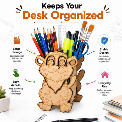 Tiger Wooden Pencil & Pen Holder | Premium MDF Desk Organizer | DIY Paintable Stationery Holder | 15.5 x 10 cm