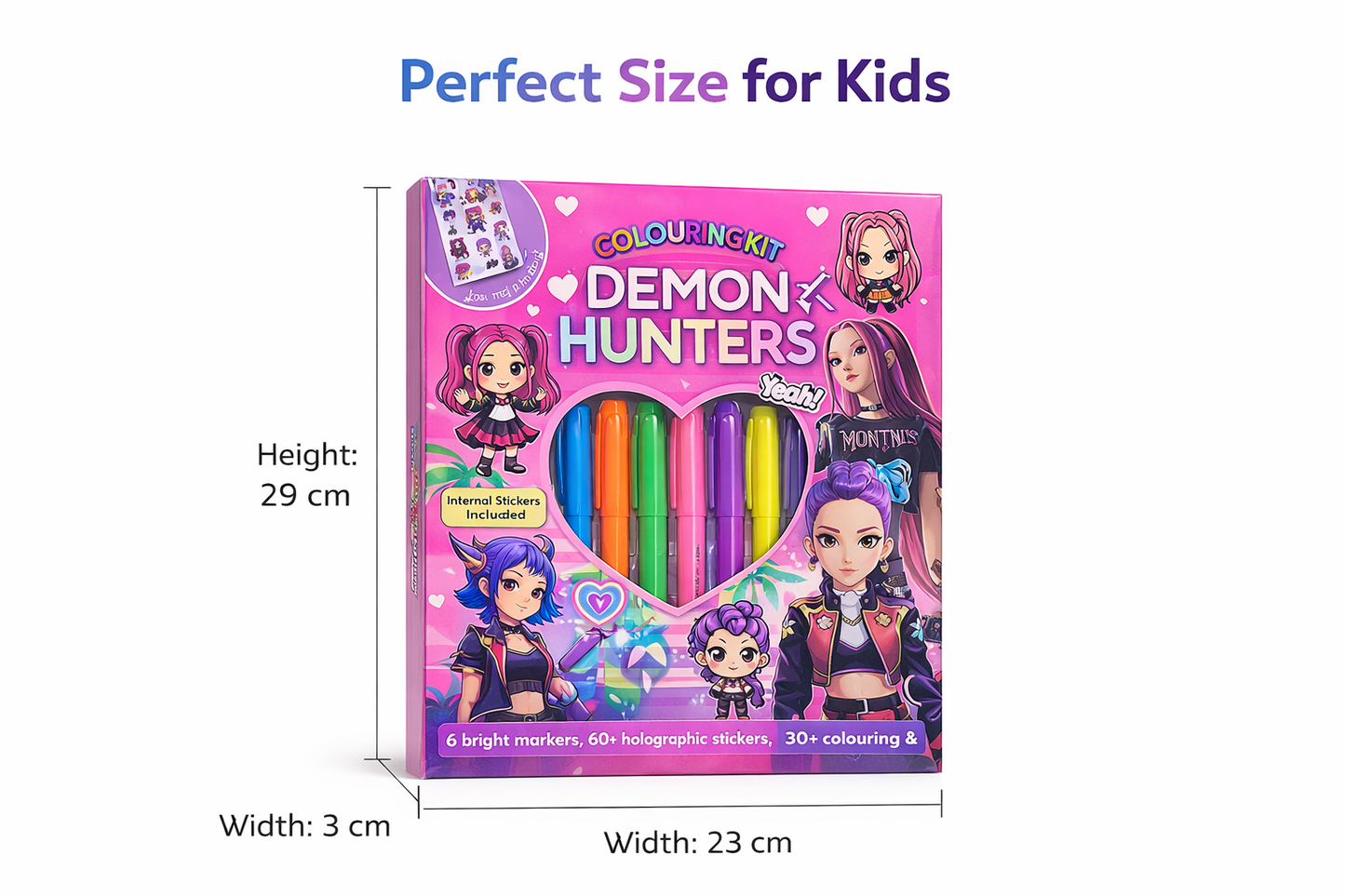 K POP Demon Hunters Colouring Kit for Kids – 6 Color Markers, 60+ Holographic Stickers, 30+ Activity Pages | Creative Art & Craft Gift Set