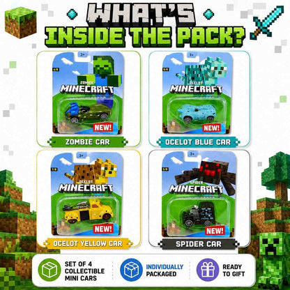 Minecraft Zombie Spider Ocelot Mini Cars Set of 4 Collectible Toy Vehicles for Kids | Zombie Car, Spider Car, Ocelot Blue & Ocelot Yellow