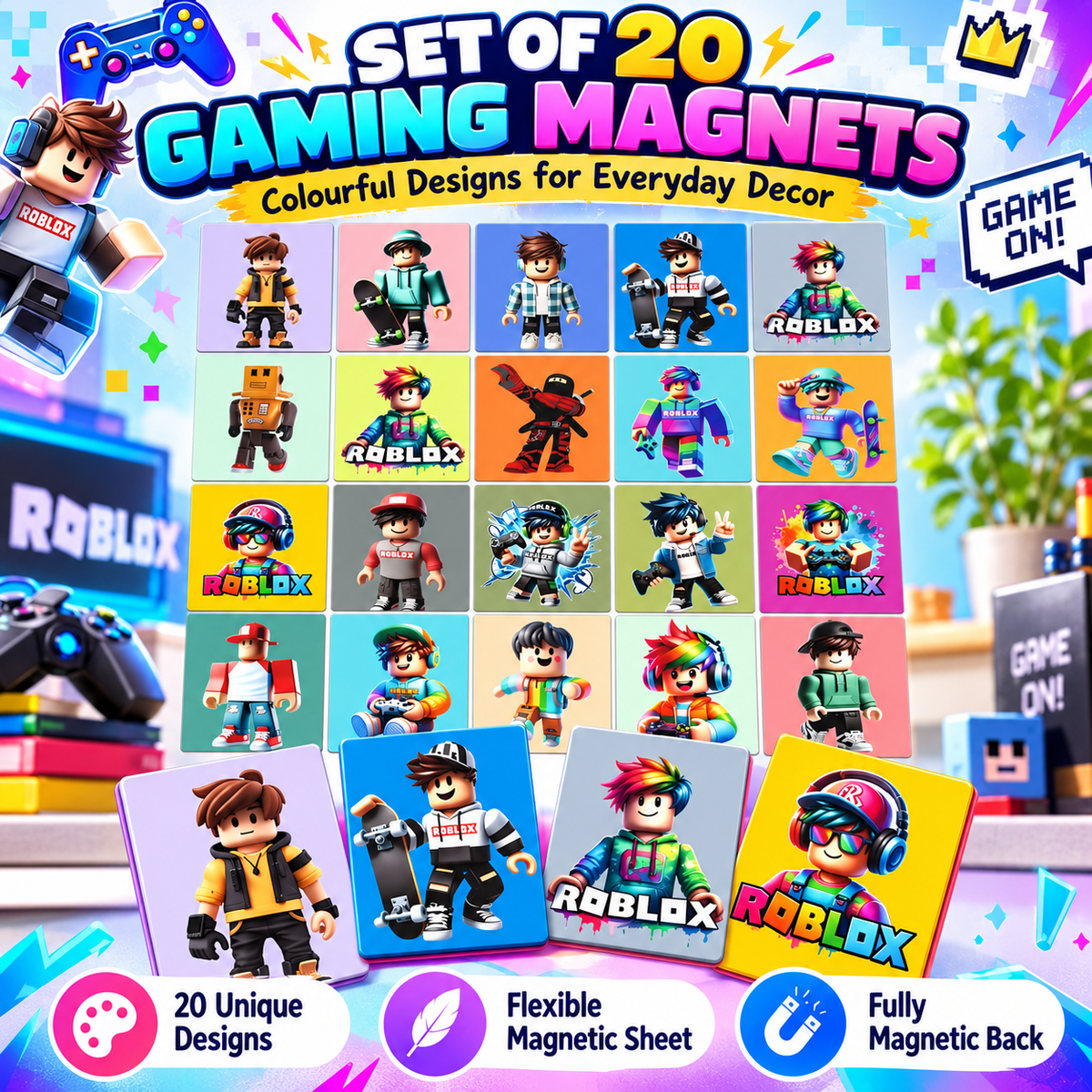 Roblox Kids Fridge Magnet Set, Refrigerator Magnets | Fun Collectible Gift & Home Décor (Pack of 20) 4x5 cm