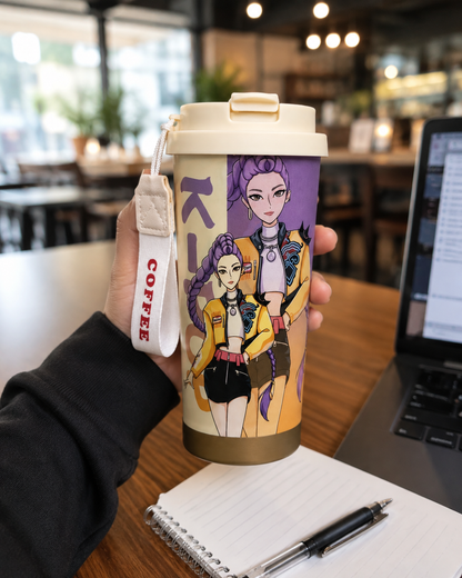 K-Pop Demon Hunters Printed Compact Tumbler with Flip-Top Lid & Carry Strap – 19 cm Portable Travel Cup for Hot & Cold Drinks