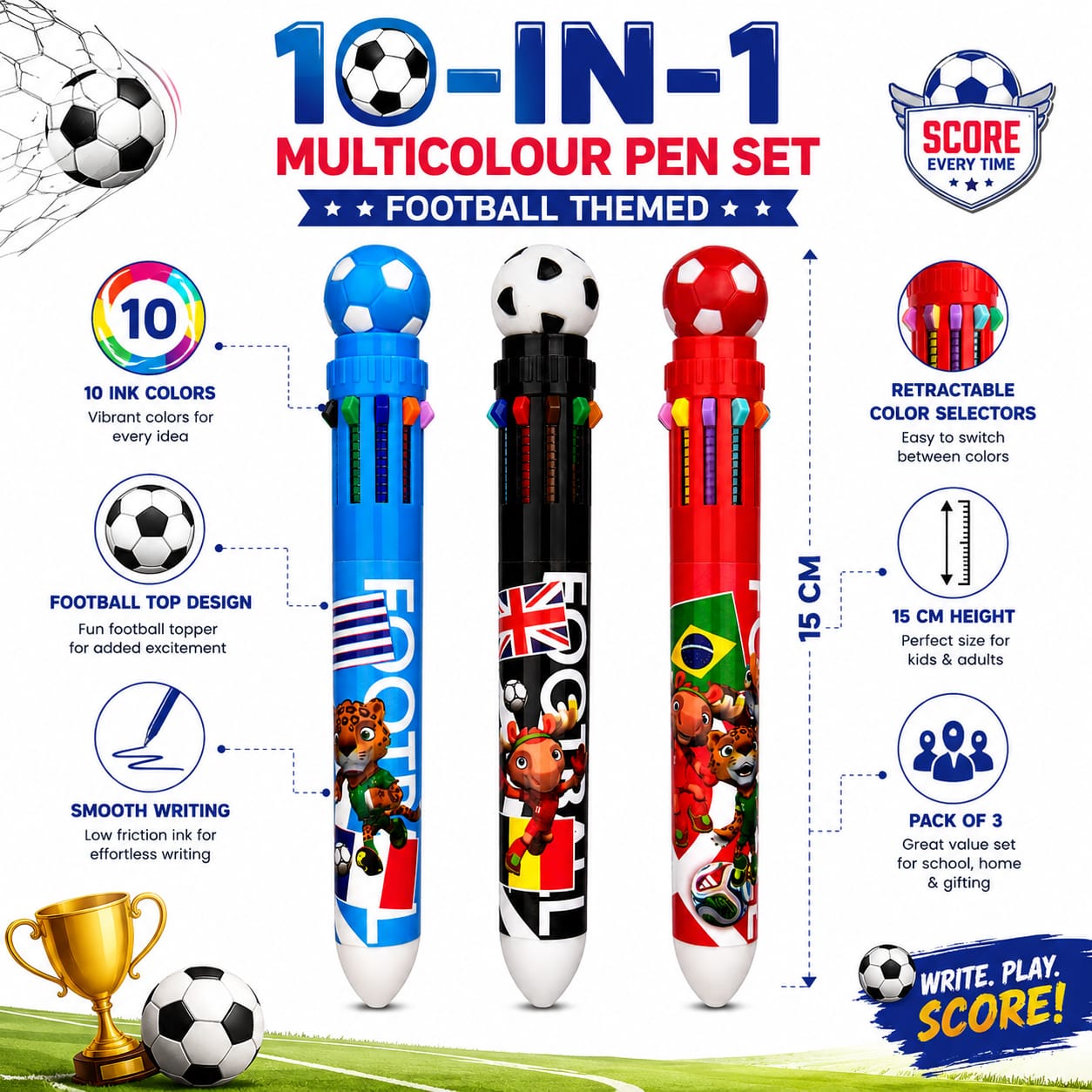 Football Theme 10-in-1 Multicolor Pen Set (Pack of 3) | Retractable 10 Color Ball Pens for Boys & Girls