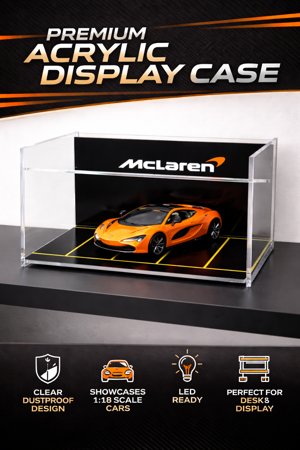 Acrylic Display Garage Case for Hot Wheels- Dustproof with Garage Background, Mini Car Display Box- 21x15x13 cm | to be Assembled (Only Display Case, Without Cars, No Light) mclaren f1