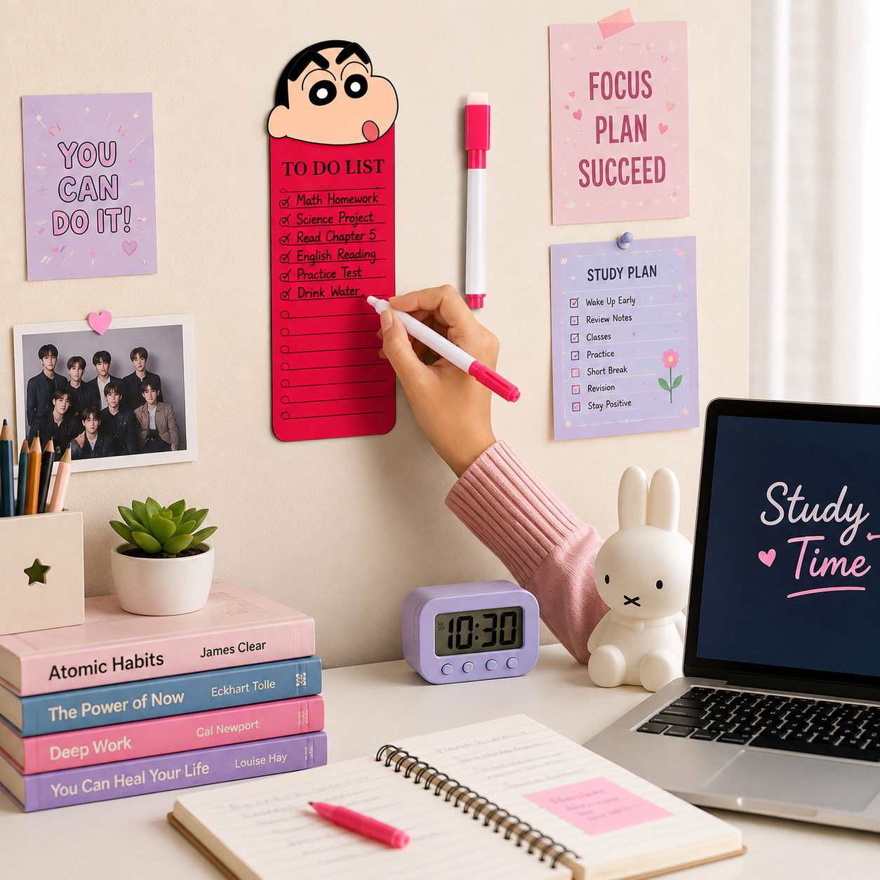 Sinchan to Do List Fridge Magnet with Marker, Reusable Acrylic Daily Planner Board, Magnetic Task Checklist for Home, Kitchen, Office & Kids, Pink Cartoon Design, 24 x 9 cm
