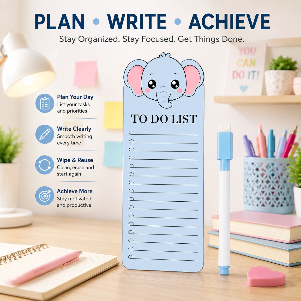 Elephant Acrylic To Do List Board with Marker | Reusable Magnetic To-Do Planner for Home, Office & Study | Cute Elephant Daily Task List Board