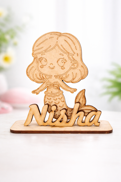 Personalized Mermaid Name Standee | Custom MDF Name Plate | Kids Room Decor | Wooden Cartoon Name Sign | Gift for Girls