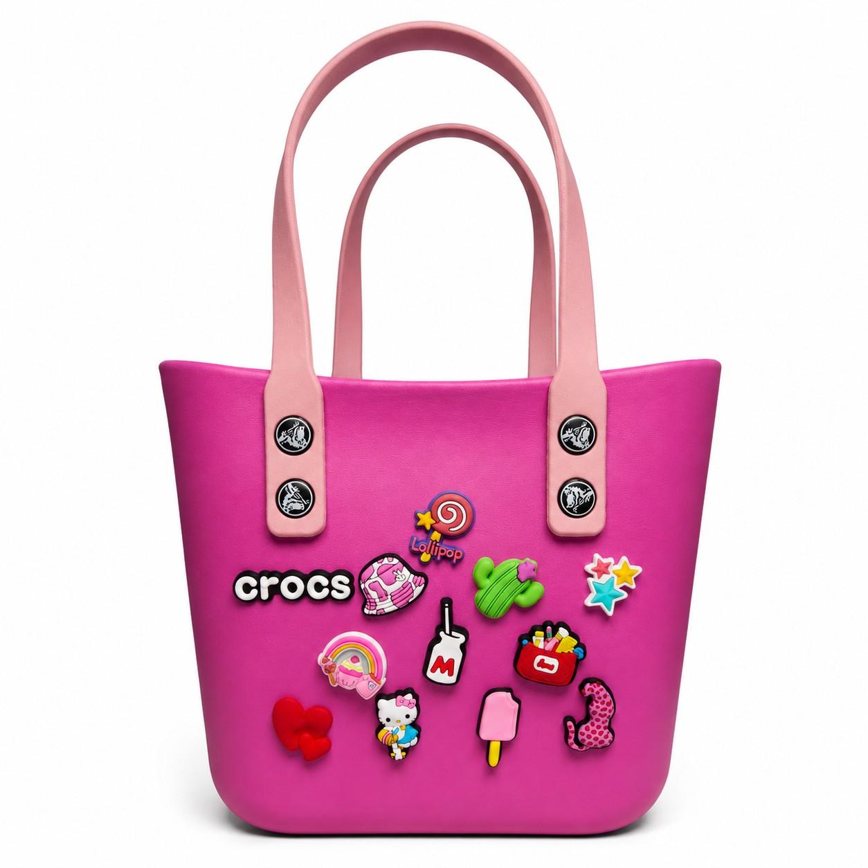 Silicone Croc Bag with Decorative Charms for Girls & Women | Waterproof Lightweight Everyday Tote Handbag 20x25x12 | Medium