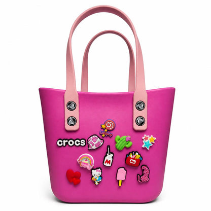 Silicone Croc Bag with Decorative Charms for Girls & Women | Waterproof Lightweight Everyday Tote Handbag 20x25x12 | Medium
