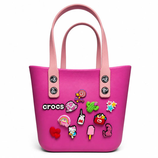 Silicone Croc Bag with Decorative Charms for Girls & Women | Waterproof Lightweight Everyday Tote Handbag 20x25x12 | Medium