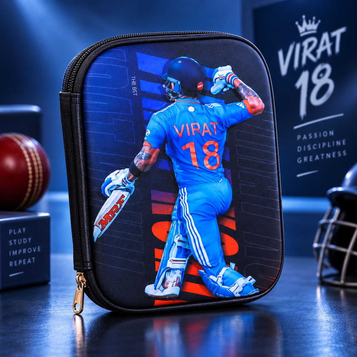 Virat 18 Cricket Pencil Pouch 22 x 15 cm | Pencil Case with Mesh Pocket & Elastic Holders