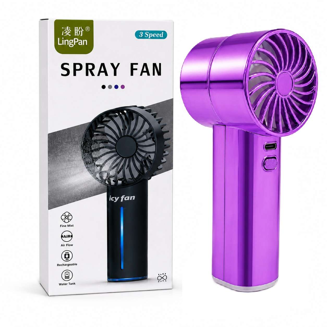 Portable Rechargeable Spray Fan with Mist – USB Mini Handheld Cooling Fan, Metallic Purple (RANDOM 1 PCS)