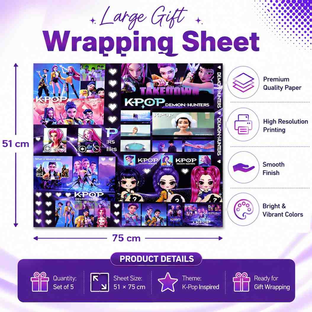 K Pop Demon Hunters Gift Wrapping Paper Set of 5 with 5 Ribbons | Premium Printed Gift Wrap Sheets | 51 × 75 cm