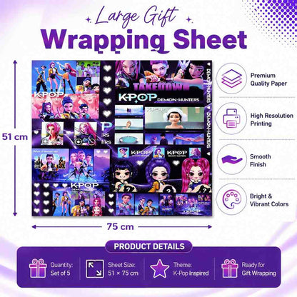 K Pop Demon Hunters Gift Wrapping Paper Set of 5 with 5 Ribbons | Premium Printed Gift Wrap Sheets | 51 × 75 cm